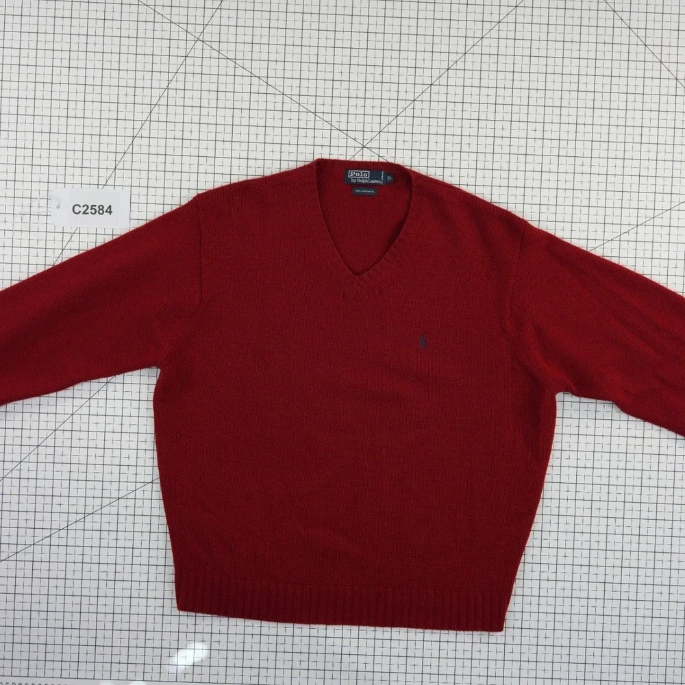 Polo Ralph Lauren Sweater Men's Size XL Burgundy 100% Lambswool Pony‎  V Neck